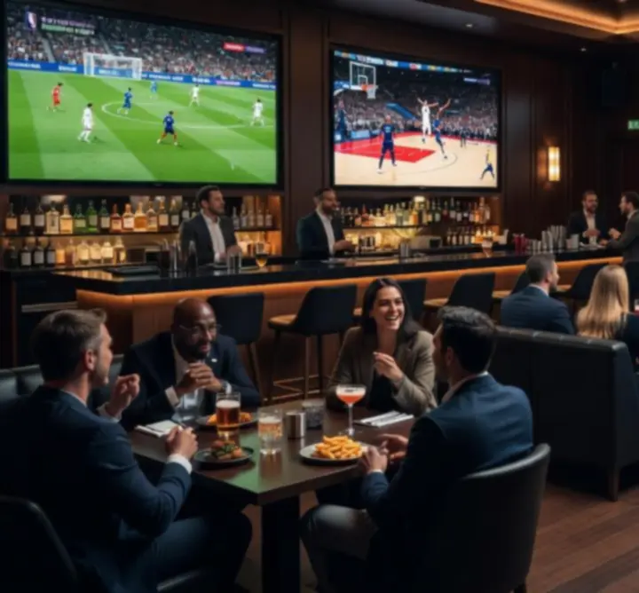 Atmospheric bar interior with multiple large screens showing live matches