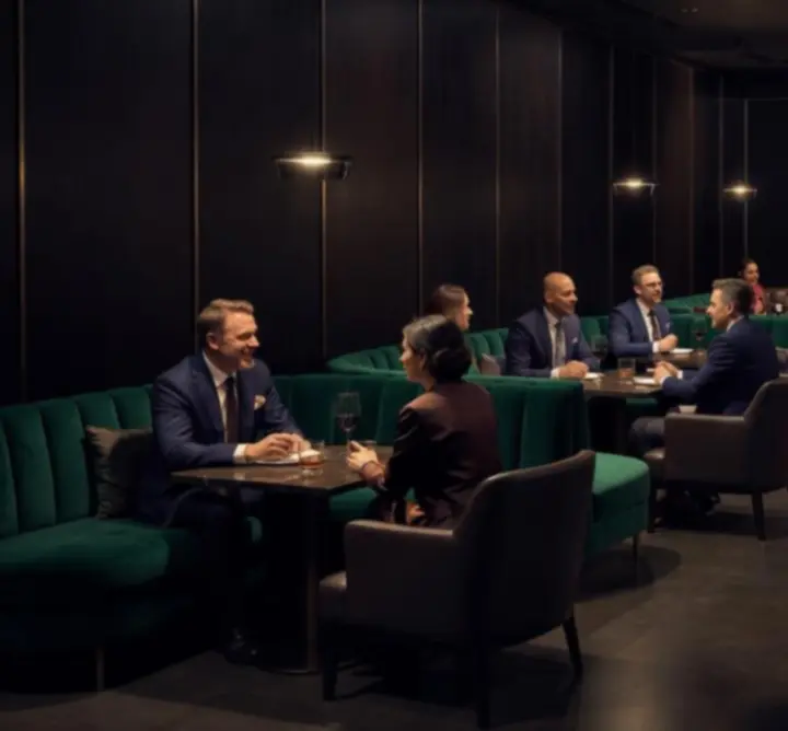 Dimly lit premium bar interior with guests enjoying drinks and conversations