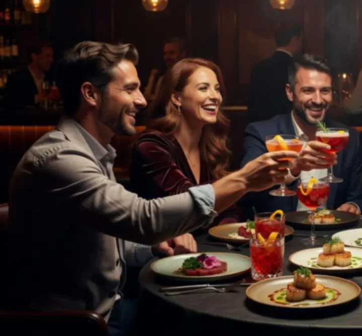 Guests sharing plates and cocktails at a dimly lit bar table