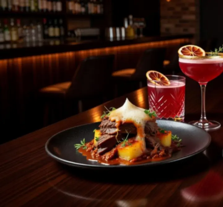 Selection of modern bar dishes and crafted cocktails on a dimly lit table