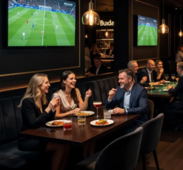 Dimly lit premium bar with guests enjoying drinks, poker and sports on big screens