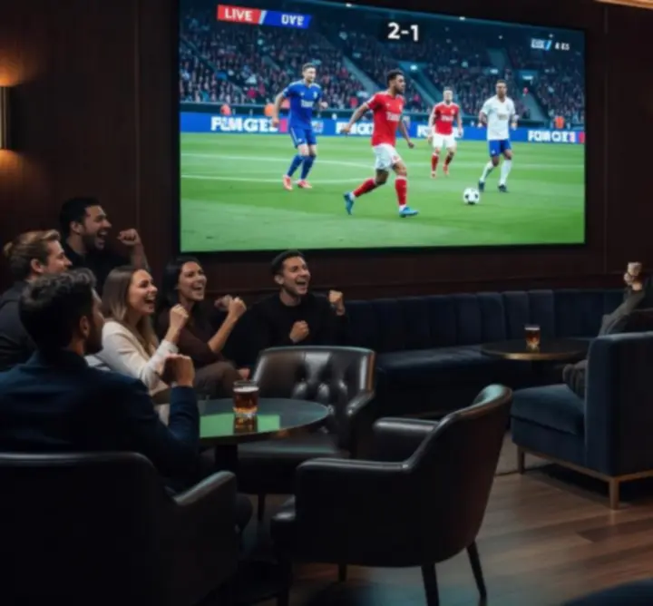 Guests watching live sports on a giant screen with drinks at Uty Care For You.