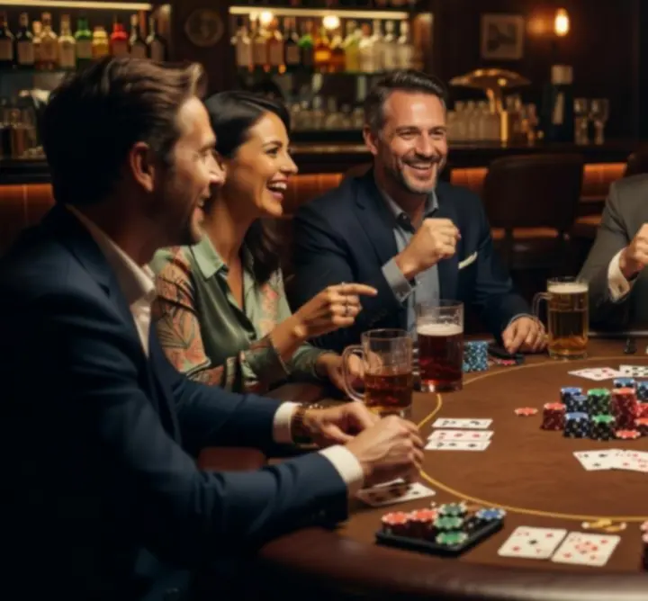 Group of players gathered around a poker table concentrating on a hand