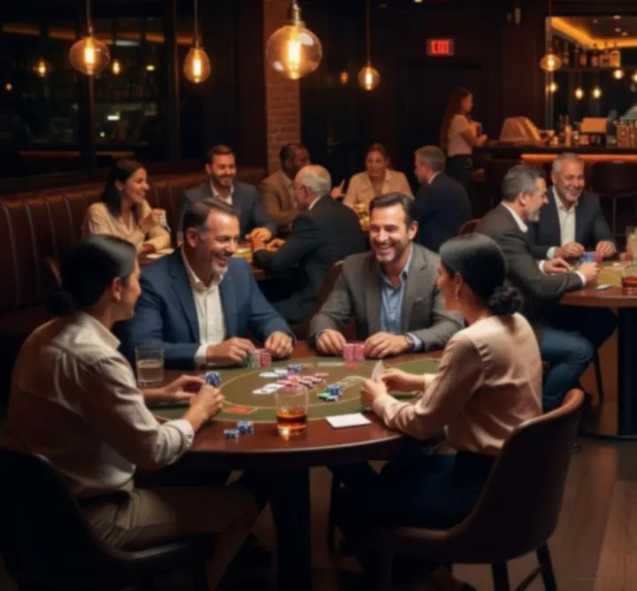 Players enjoying an offline poker game in a lively bar and restaurant setting at Uty Care For You.