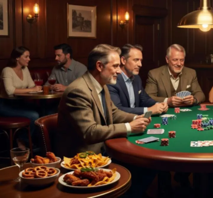 Atmospheric bar with poker tables and guests enjoying drinks during a signature event at Uty Care For You.