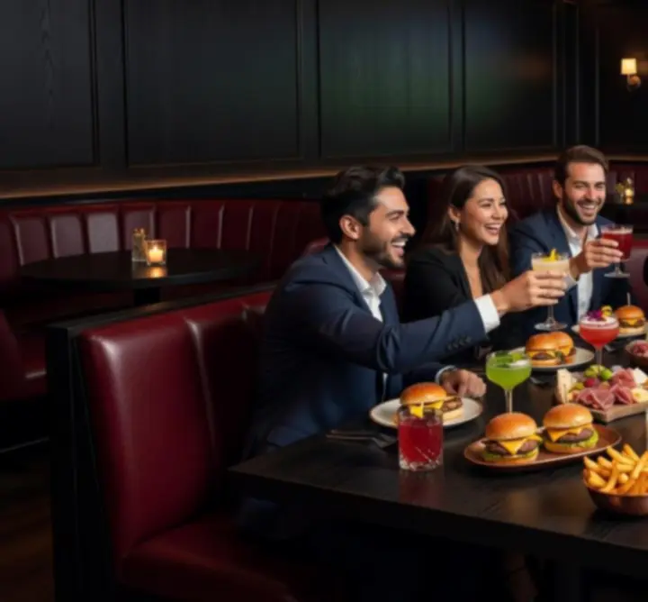 Guests enjoying food and drinks while watching live sports