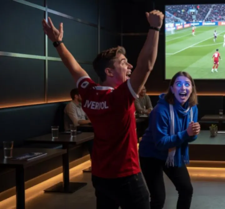 Crowd watching live sports on big screens in a dark, lively bar