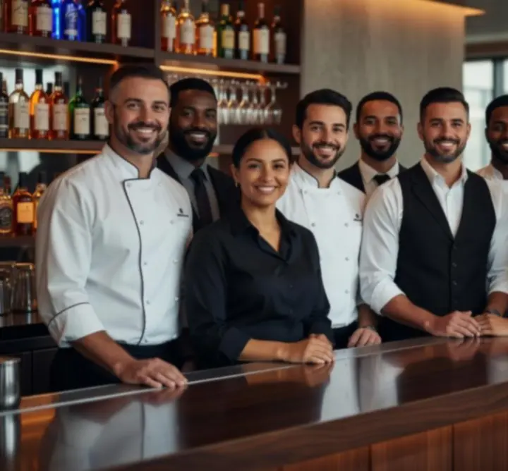 Team of bartenders and hosts behind a premium bar counter